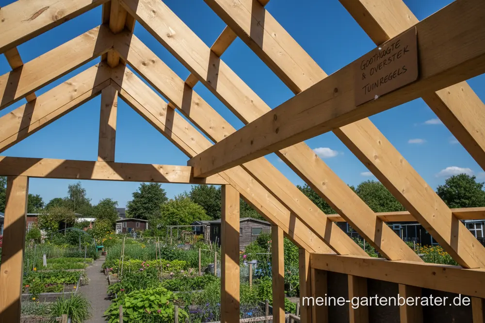 Dachsparren einer kleinen Holzlaube mit Pultdach vor blauem Himmel