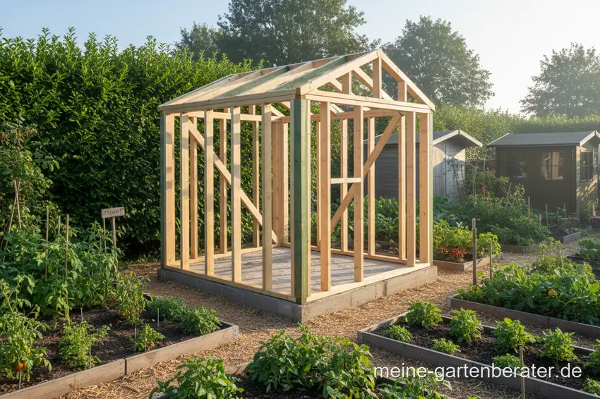 Halbfertige Gartenlaube aus Holz mit aufgestellten Wandrahmen in einem Kleingarten